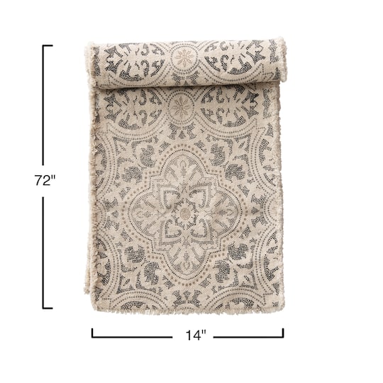 Hello Honey® 72" Gray & Cream Cotton Printed Table Runner with Frayed Edge